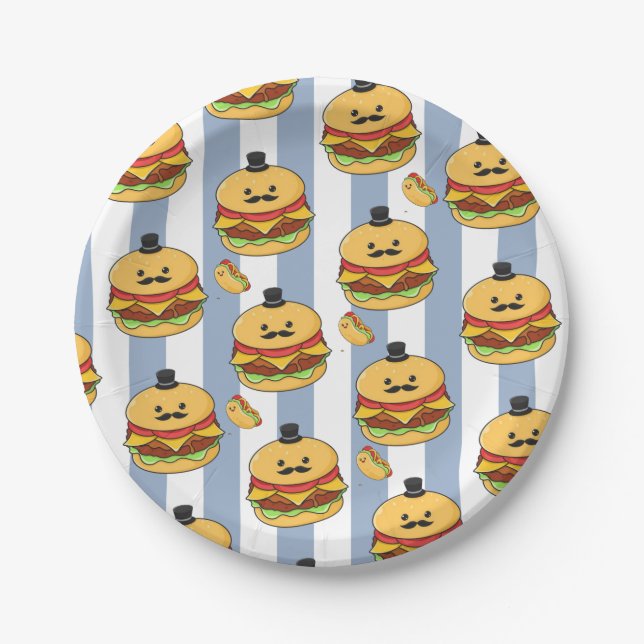 Paper Plates, Blue & White Stripe Hotdog Hamburger Plate (Front)