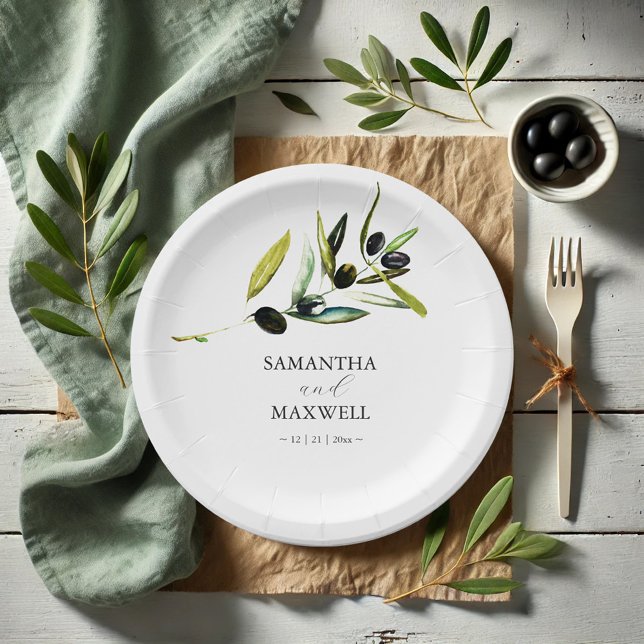 Paper Plates Botanical Olive Branch Greenery (Paper plates watercolor olive branch art by Victoria Grigaliunas Do Tell A Belle bride and groom)