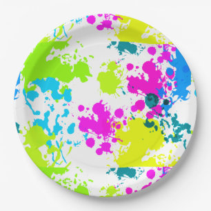 Paper Plates Bright Neon Paint Splatter Pattern