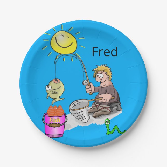 Paper Plates, Fisherman Fish Sun Blue Plate (Front)