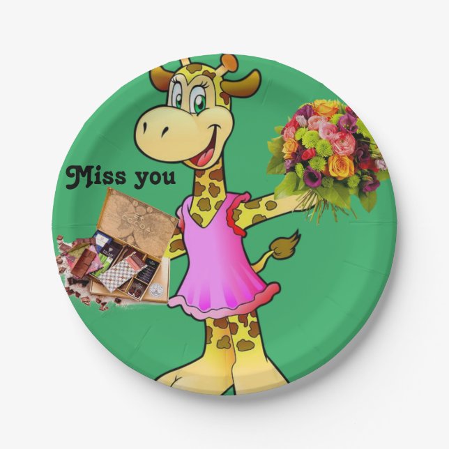 Paper Plates, Giraffe Floral Chocolate Miss you Paper Plate (Front)