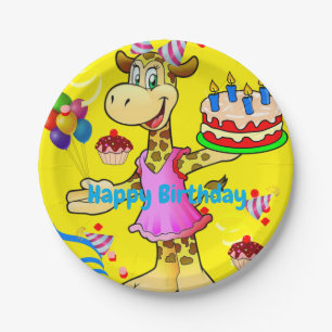Paper Plates, Giraffe Happy Birthday Cake Yellow Plate