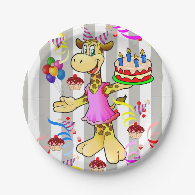 Paper Plates, Grey & White Stripe Giraffe Birthday Plate (Front)