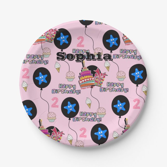 Paper Plates, Happy 2nd  Birthday #2 Balloons Pink Paper Plate (Front)