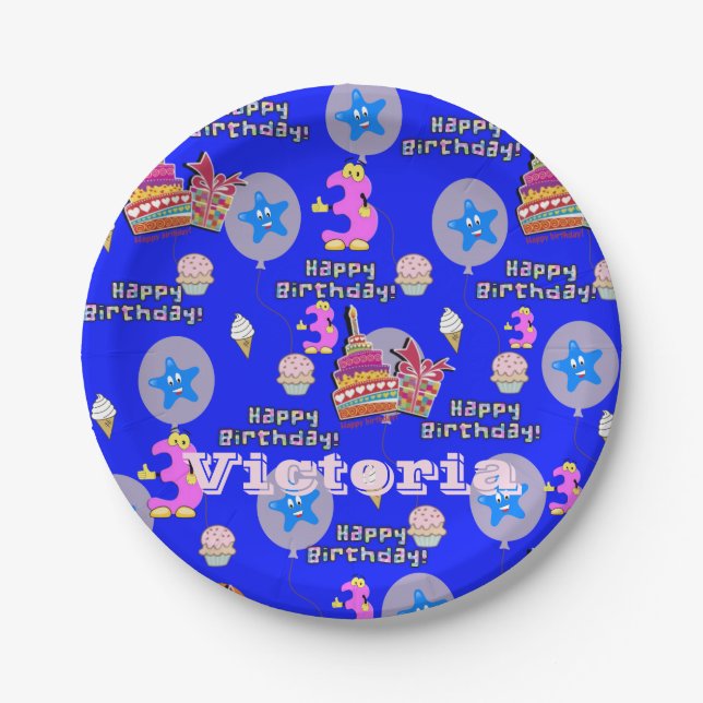 Paper Plates, Happy 3rd Birthday #3 Balloons Paper Plate (Front)