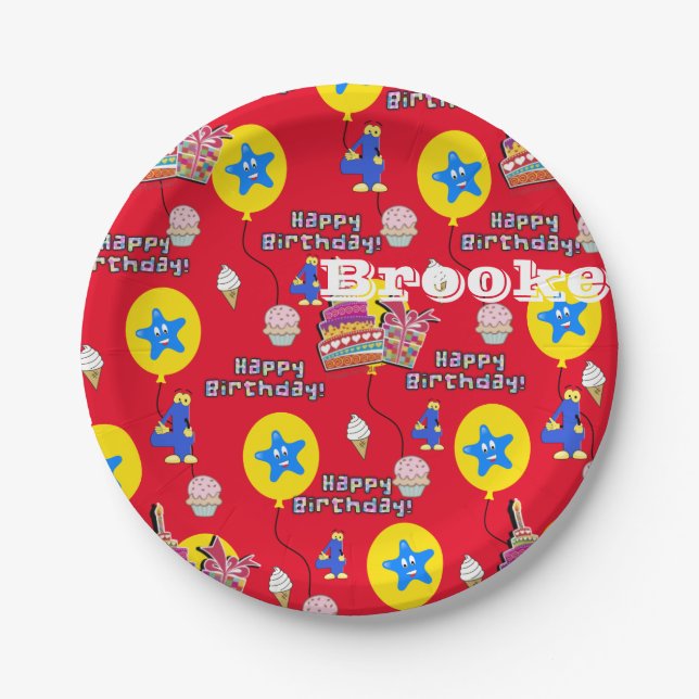 Paper Plates, Happy 4th Birthday #4 Balloons Paper Plate (Front)