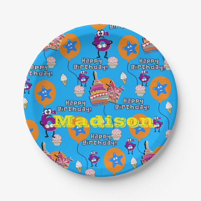 Paper Plates, Happy 6th Birthday #6 Balloons Paper Plate (Front)