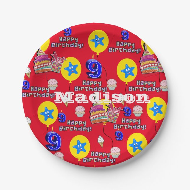 Paper Plates, Happy 9th Birthday #9 Balloons Paper Plate (Front)