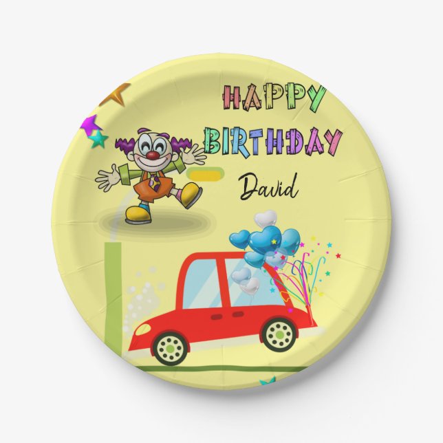 Paper Plates, Happy Birthday Clown Car Paper Plate (Front)