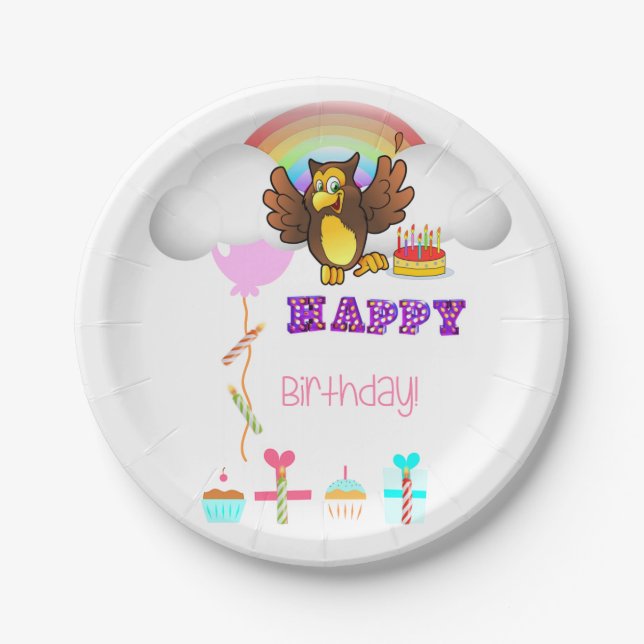 Paper Plates, Happy Birthday Owl Rainbow Paper Plate (Front)