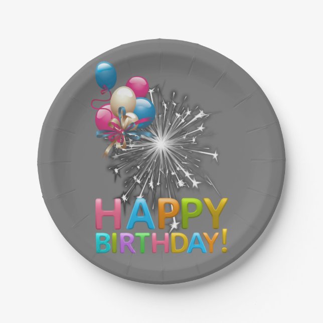 Paper Plates, Happy Birthday Paper Plates Silver (Front)