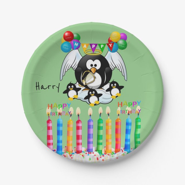 Paper Plates, Happy Birthday Penguin Candles Paper Plate (Front)