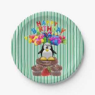 Paper Plates, Happy Birthday Penguin Stripe Paper Plate
