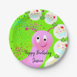 Paper Plates, Happy Birthday Pink Fairy Worm Paper Plate