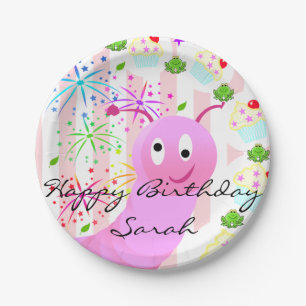 Paper Plates, Happy Birthday Pink Worm Cupcake Paper Plate