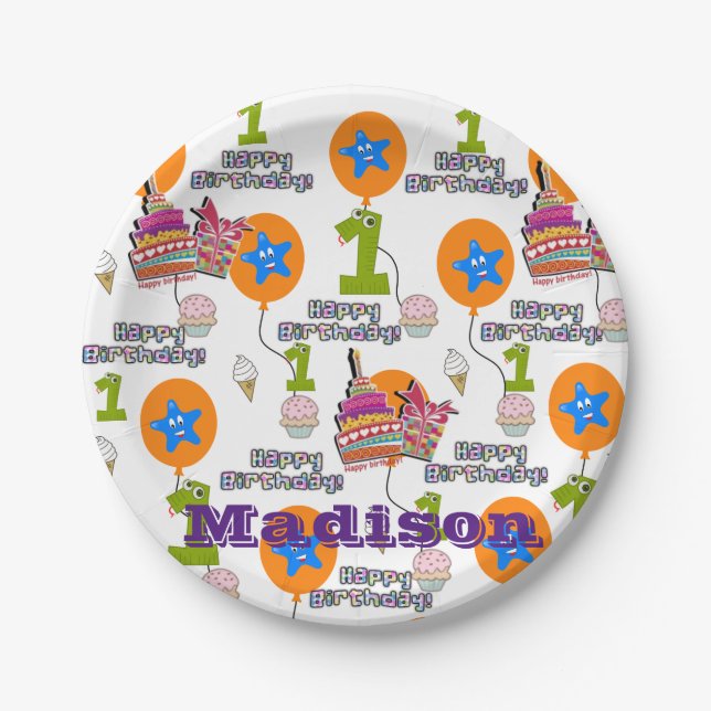 Paper Plates, Happy First Birthday #1 Balloons Paper Plate (Front)
