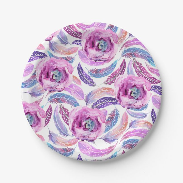 Paper Plates in Lavender with Feathers & Flowers (Front)