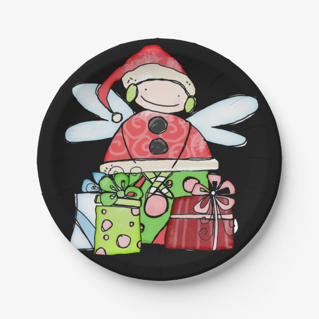 Paper Plates, Merry Christmas Angel Santa Black Paper Plate (Front)