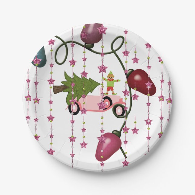Paper Plates, Merry Christmas Pink Car Elf Paper Plate (Front)