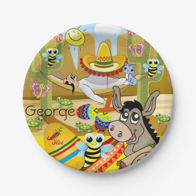 Paper Plates, Mexican Man Donkey Sun Bee Turtle Paper Plate (Front)