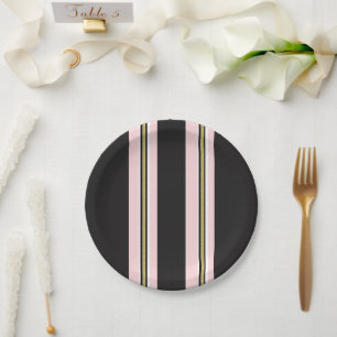 Paper Plates, Pink & White Gold Black Stripe Plate