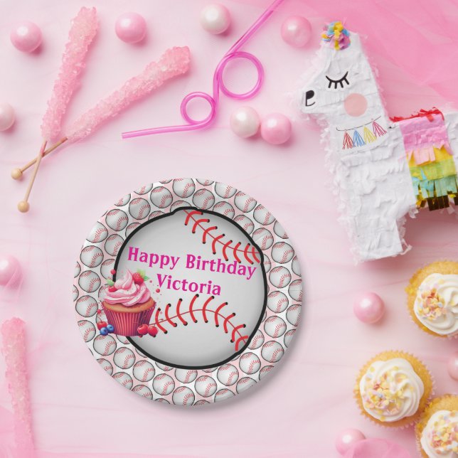 Paper Plates, Pink  White Stripe Birthday Baseball Plate (Party)