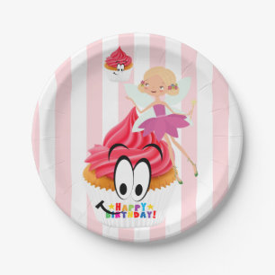Paper Plates, Pink & White Stripe Fairy Birthday Paper Plate
