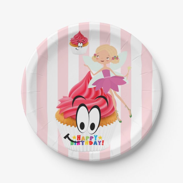 Paper Plates, Pink & White Stripe Fairy Birthday Plate (Front)
