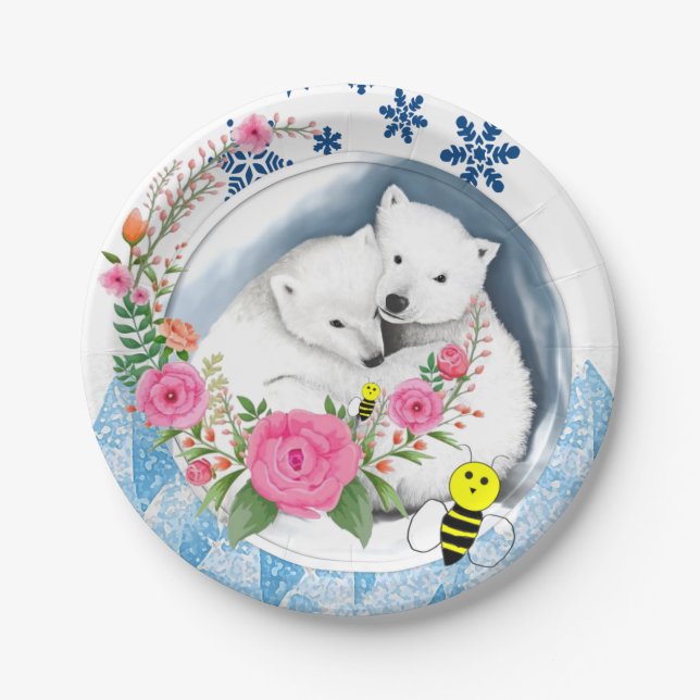 Paper Plates, Polar Bear Floral Flowers Bumblebee Paper Plate (Front)