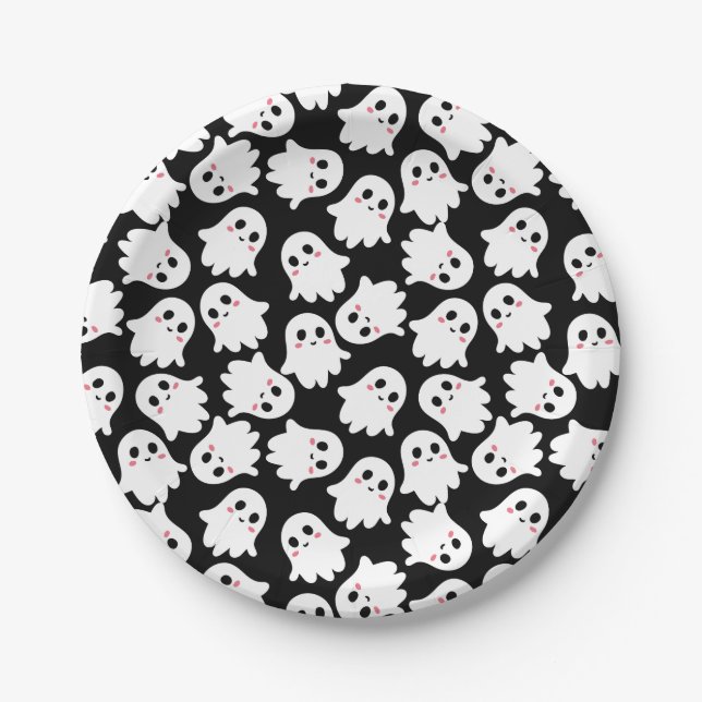 paper plates printed with cute kawaii ghosts (Front)