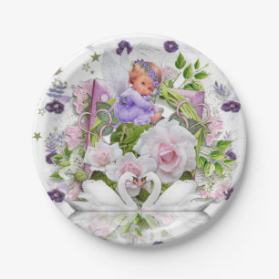 Paper Plates, Purple Baby Angel Floral Flowers Paper Plate