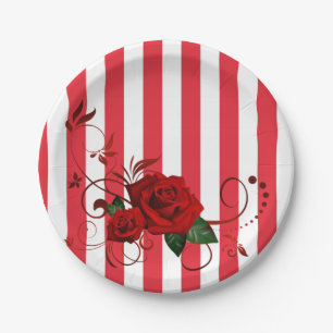 Paper Plates, Red & White Stripe Red Rose Floral Plate