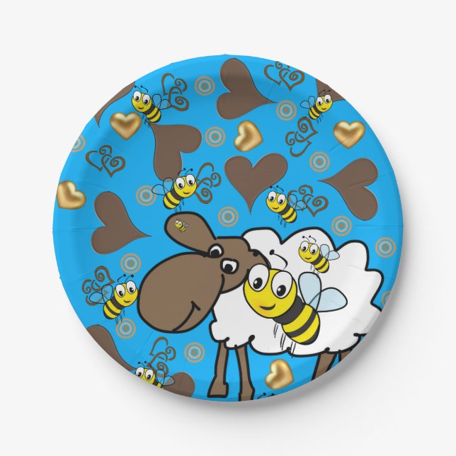 Paper Plates, Sheep Bee Brown Hearts Blue Paper Plate (Front)