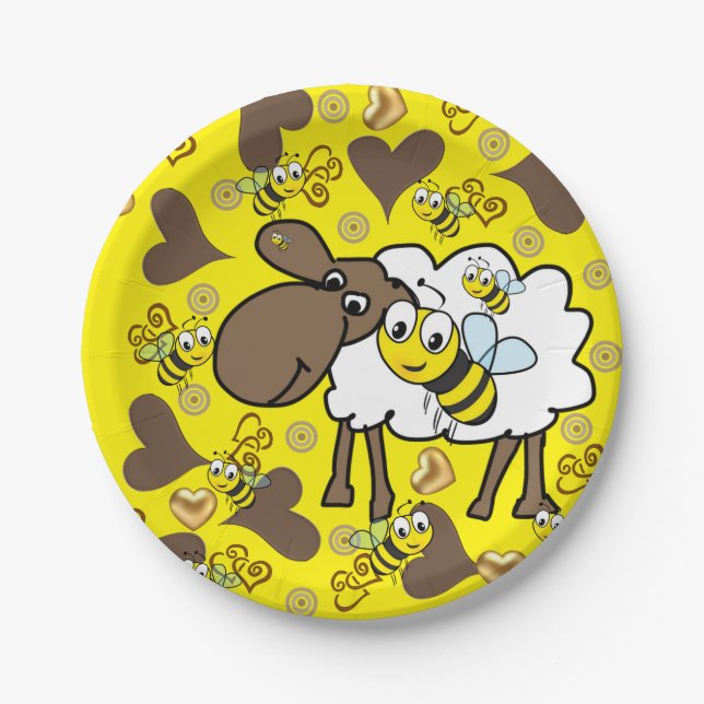 Paper Plates, Sheep Bumblebee Brown Hearts Yellow Paper Plate (Front)