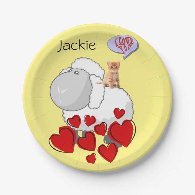 Paper Plates, Sheep Kitten Happy Valentine's Day Paper Plate (Front)