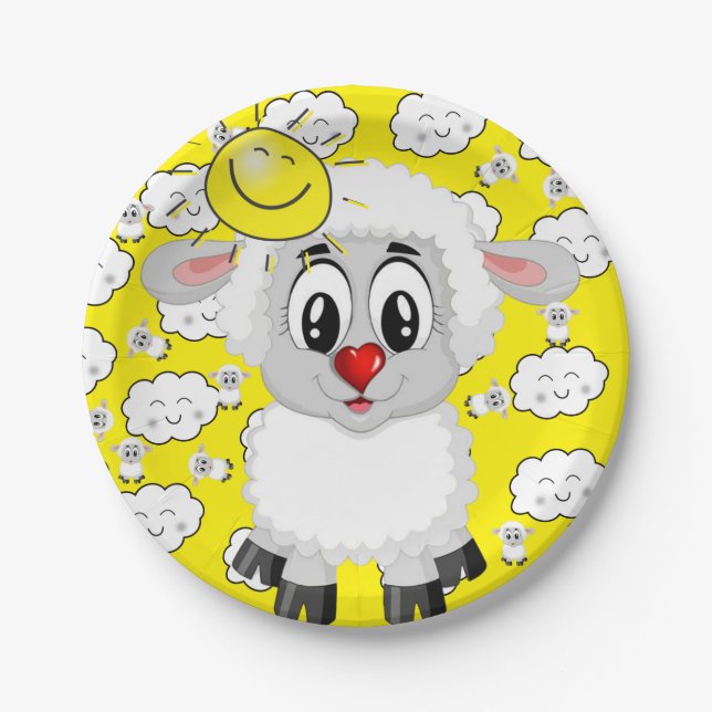 Paper Plates, Sheep Sun Clouds Yellow Paper Plate (Front)