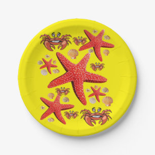Paper Plates, Starfish Crabs Yellow Red Paper Plate