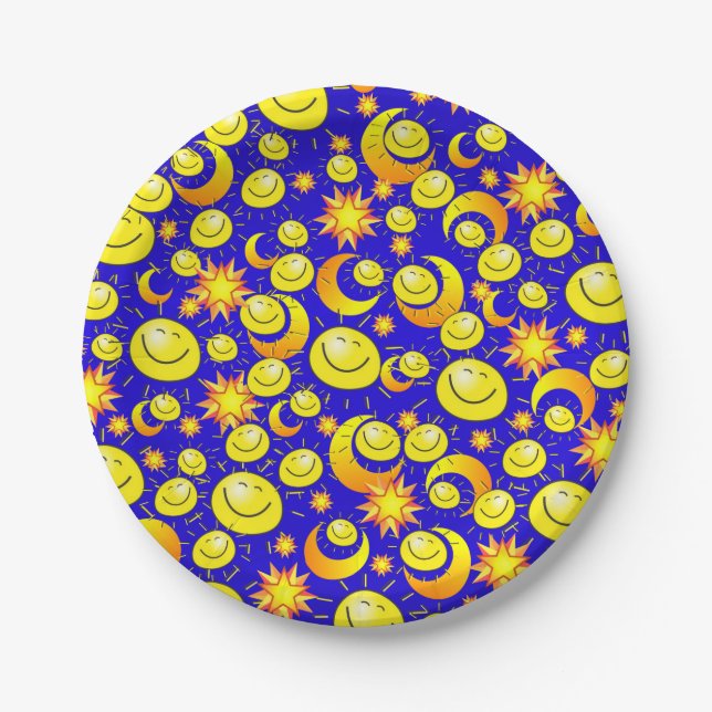 Paper Plates, Sun Moon YellowStars Blue Paper Plate (Front)
