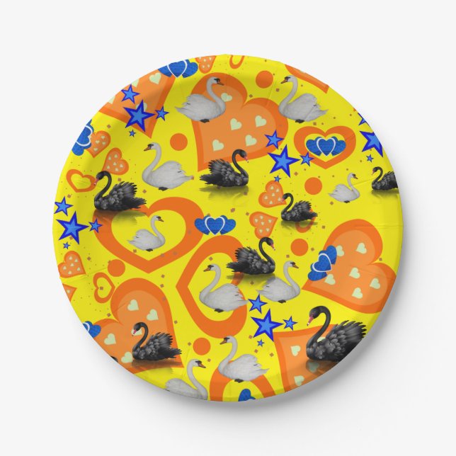 Paper Plates, Swans Orange Hearts Blue Stars Paper Plate (Front)