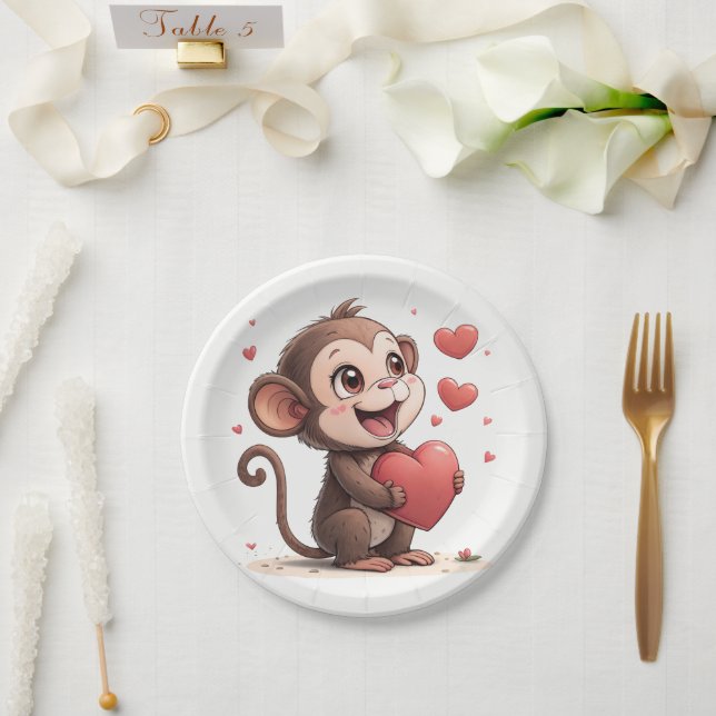 Paper plates Valentine's Day Monkey Red Hearts  (Wedding)