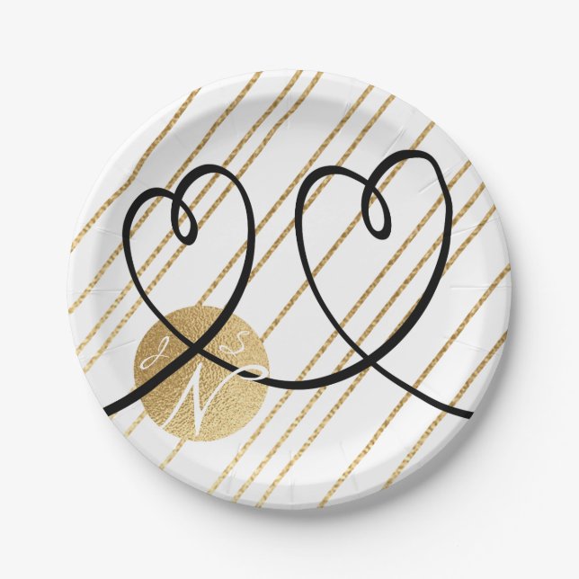 Paper Plates Wedding Elegant Gold and Black Hearts (Front)