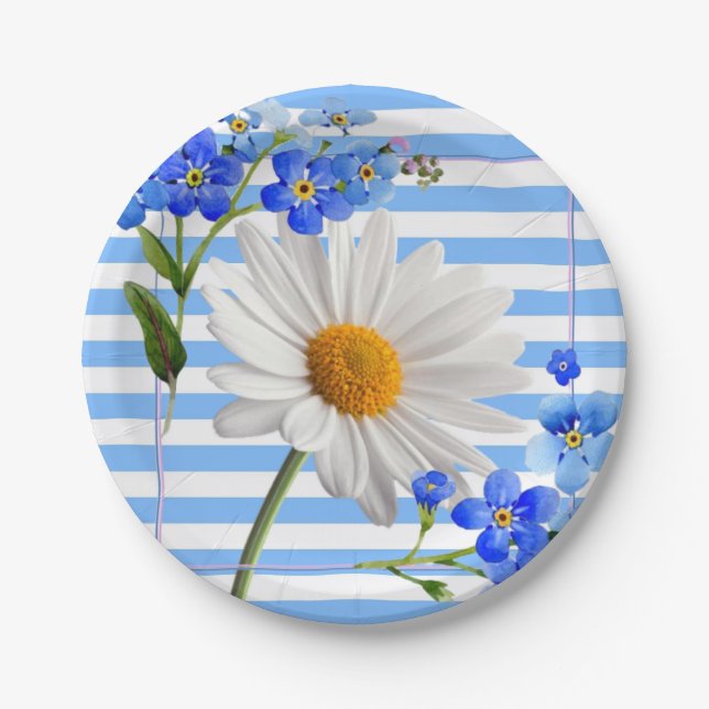 Paper Plates, White Daisy Stripe Floral Flowers Paper Plate (Front)