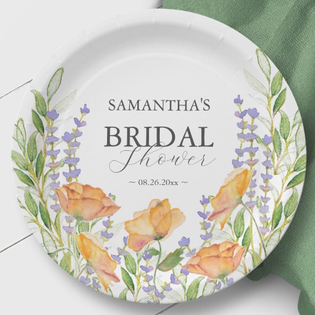 Paper Plates Wildflowers Bridal Shower (Wildflower bridal shower theme lilac, orange and sage green watercolor art by Victoria Grigaliunas)