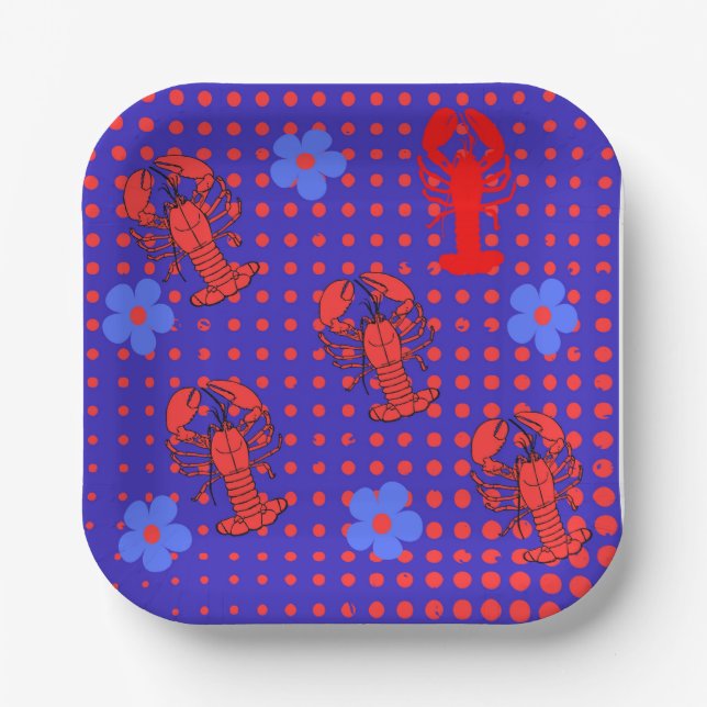 Paper plates with lobsters, nets and  Flowers  (Front)