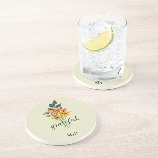 Paper Quilled Flowers Grateful Round Sandstone Coaster (Side)