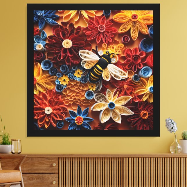 Paper Quilling Design Bee surrounded by Flowers Canvas Print (Insitu(LivingRoom))