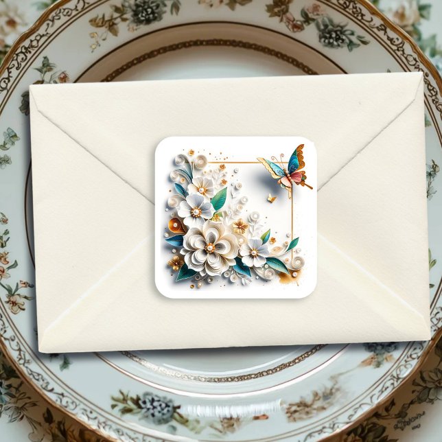 Paper Quilling Flowers Elegant  Square Sticker (Creator Uploaded)