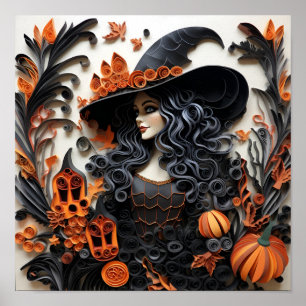 Paper Quilling Halloween witch art print 