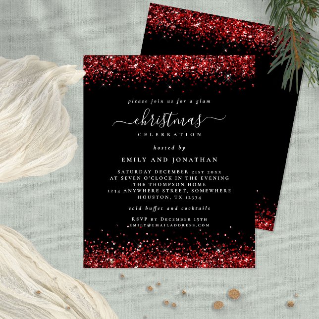 PAPER Red Glitter Christmas Party Black Invite (Front and back view)