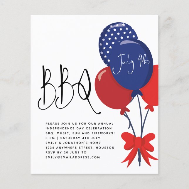PAPER | Red White Blue Balloons July 4 BBQ Invite  (Front)
